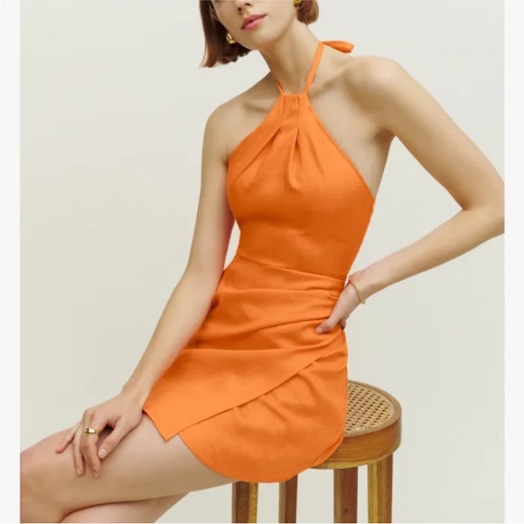 Reformation Dresses & Skirts - Reformation Dory Linen Dress in Orange Halter Neckline Faux Wrap Mini NWT